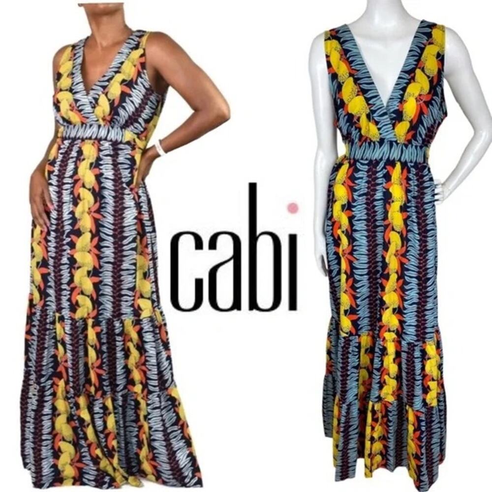 Cabi Tropical Print Sleeveless Tiered Maxi Dress V-Neck Small #415